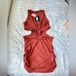 NWT Pretty Little Thing Rust Ribbed  Cut-Out Dress, Sz 10